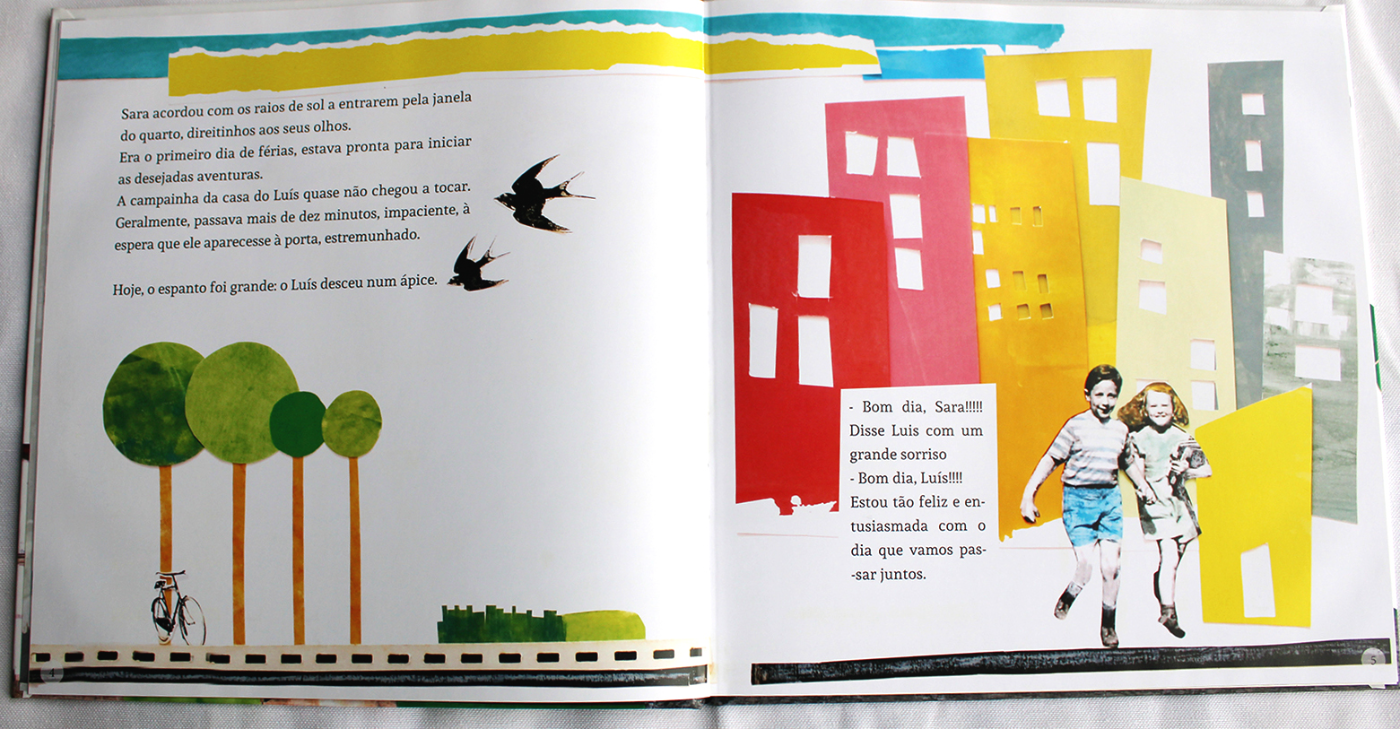Página dupla do livro com ilustração em colagem de papel